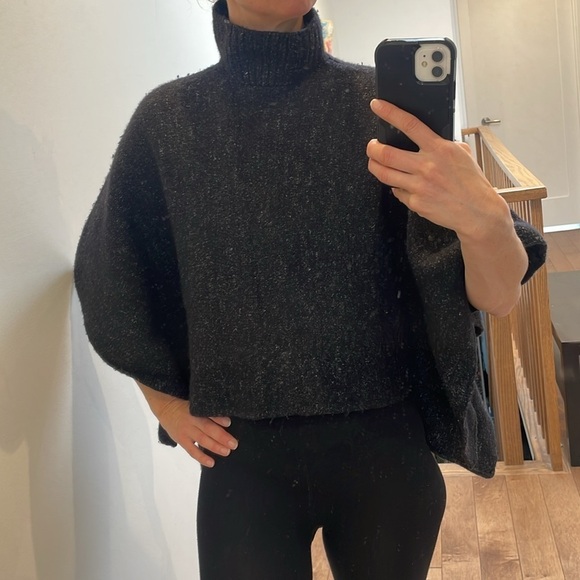 DKNY pure merino wool turtleneck poncho cape black white speckles size S - Picture 9 of 15